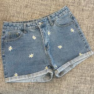 Light Blue Denim Shorts with Floral Embroidery